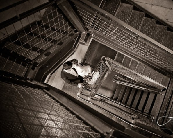 staircase, kiss and couple