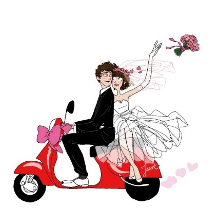 bride, moto and groom