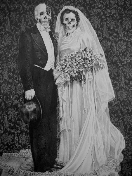 couple, happy, skull and vintage