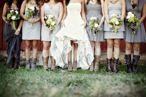 wedding dress, country and cowboy boots