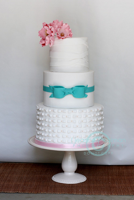 teal, wedding cake and gumpaste flowers