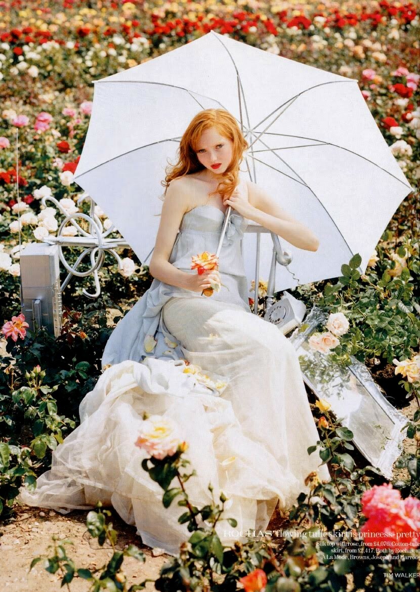 gown, parasol, bridal and flowers