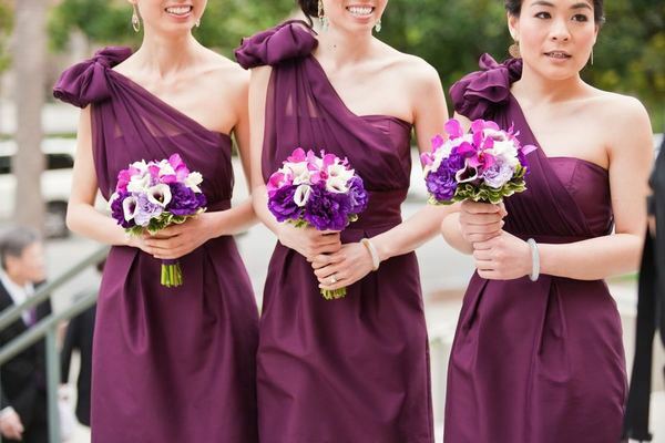 bridesmaids, bouquet and purple