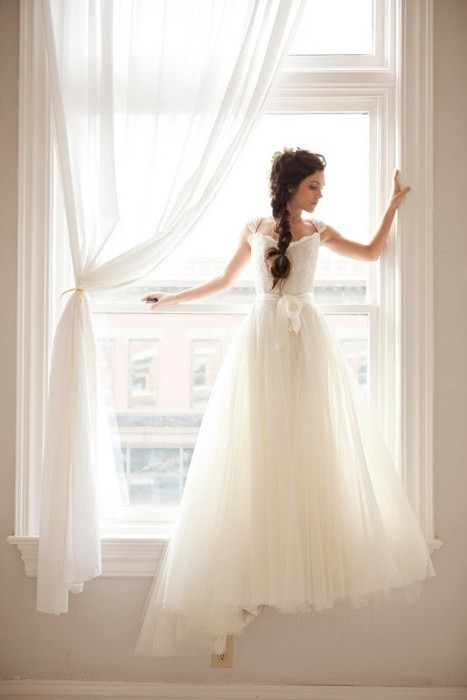 window, braid, curtain and dress