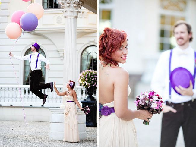 purple, purple bouquet, groom and balloons