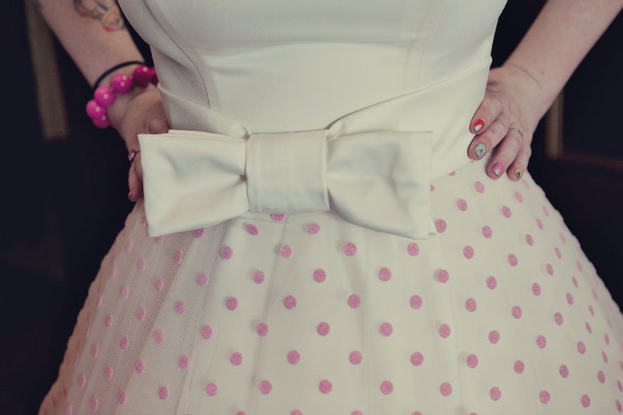 dress, pink, bow and polka dots