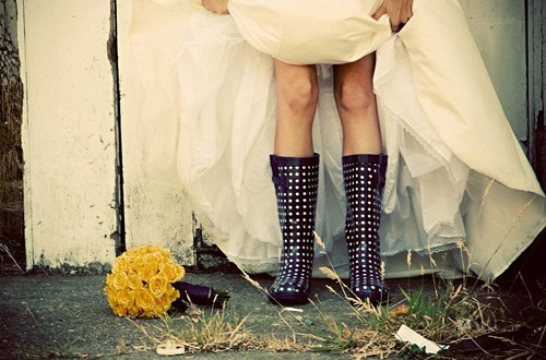 wedding dress, polka dot and gumboots