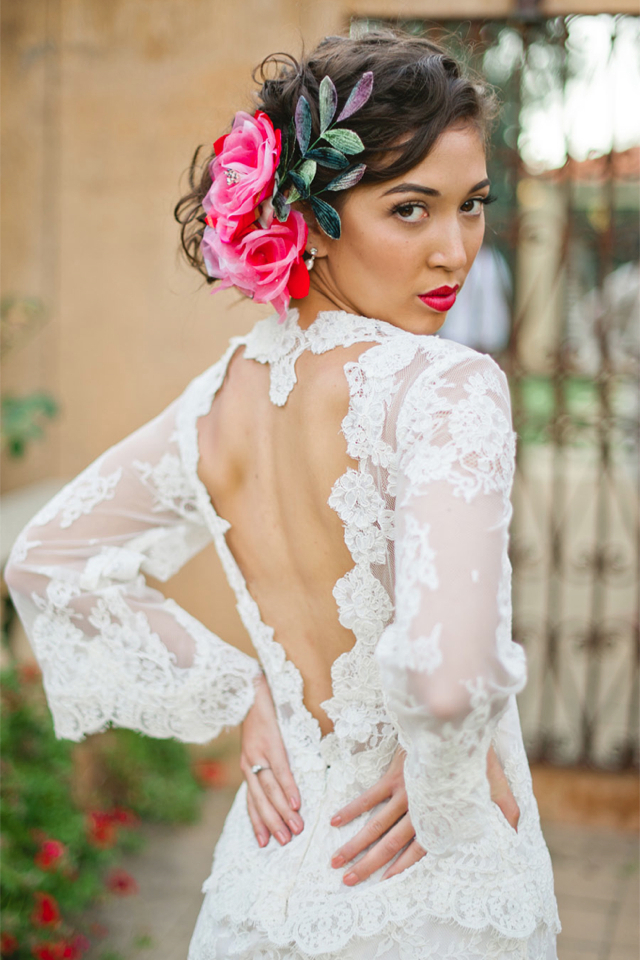 open back wedding dress, mexican wedding and wedding hair flowers