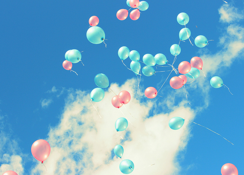 turquoise, clouds, balloons and pink