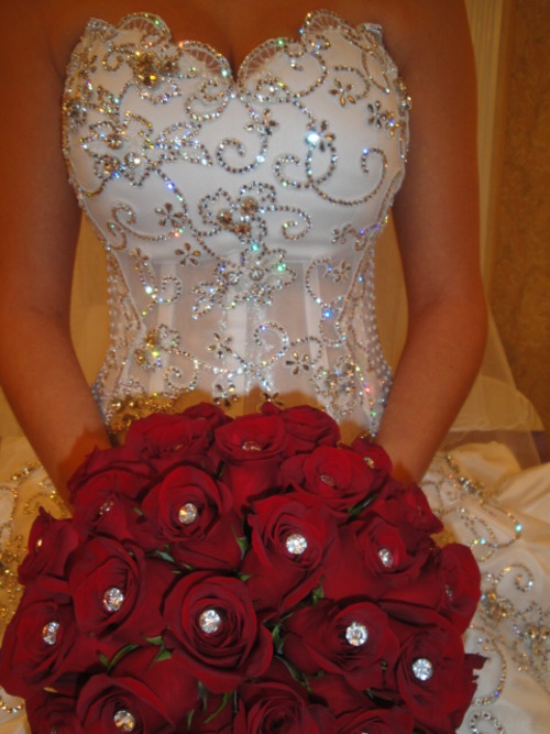 wedding dress, rose bouquet and pretty wedding dress