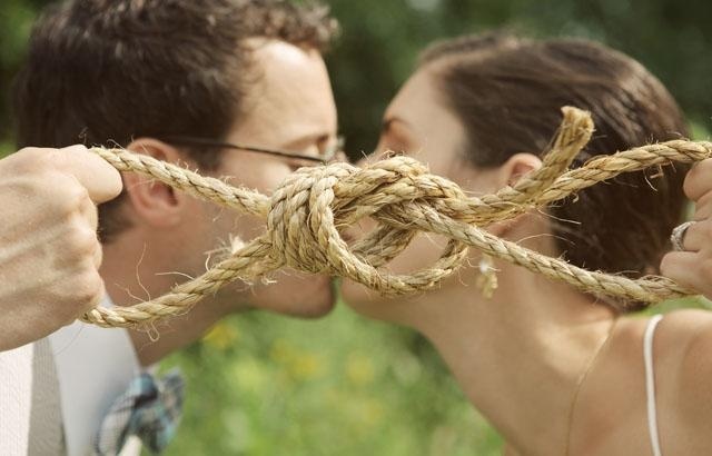 kiss, wedding ceremony and fisherman's knot