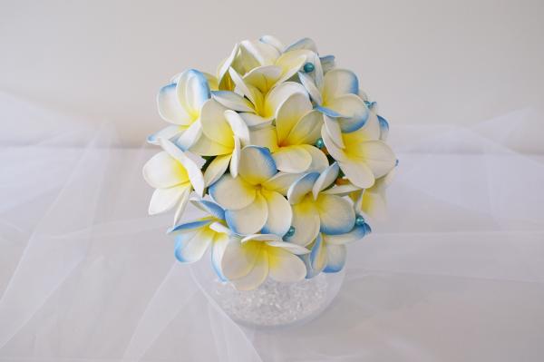 blue wedding, beach wedding and blue frangipani flowers