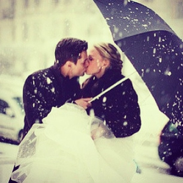 snow, umbrella, kiss and bride