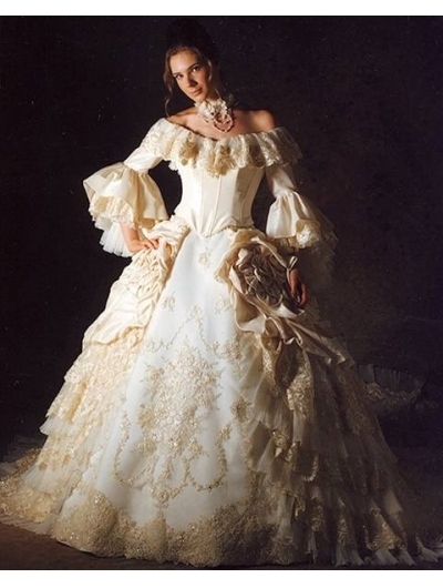 victorian wedding dress, off-the-shoulder dress and queen wedding dress