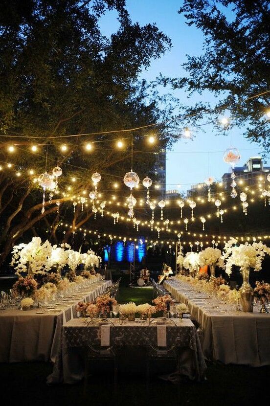 reception, lights, table settings and flowers