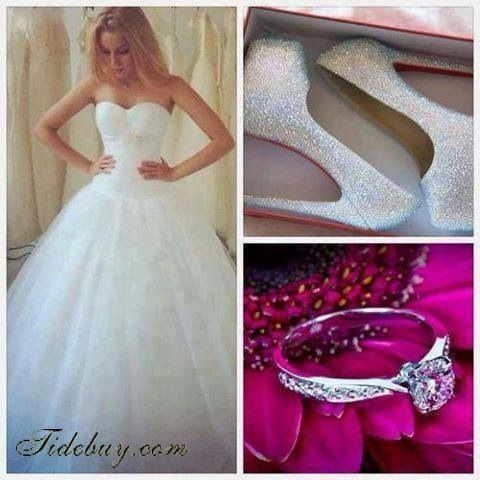wedding dress, engagement ring and glitter heels