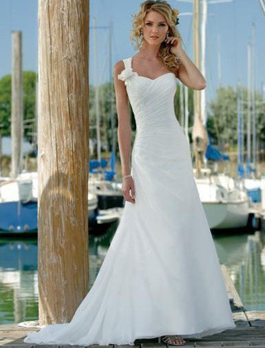 one shoulder, chiffon satin and white beach wedding dress