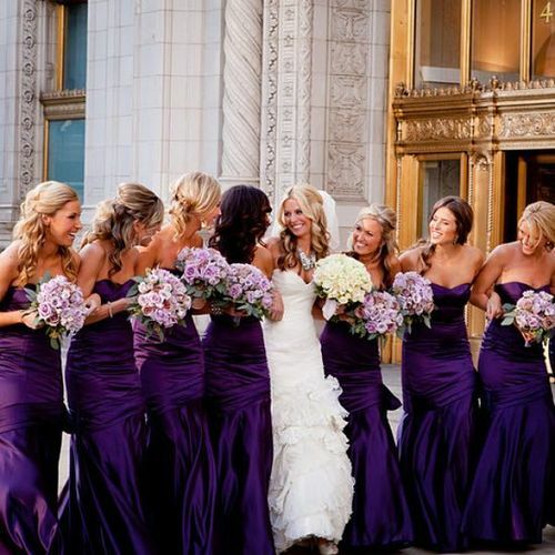 bride, brides maid, purple and dress