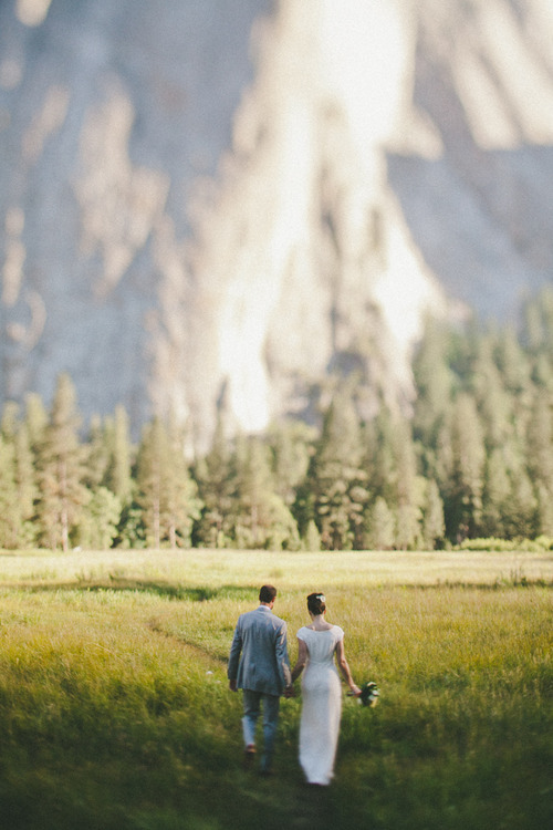 bride, couple, field and mountains