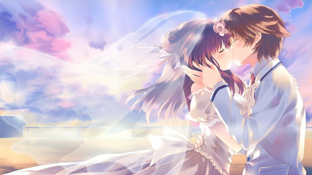 walpaper, couple, kiss and sky