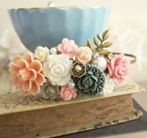 romantic, bridal hairband, peach wedding and bridesmaid hair piece