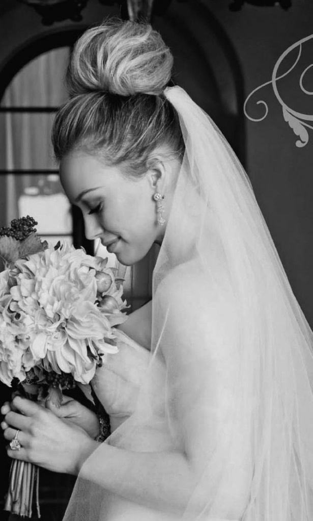 black and white, b&w, bun and wedding dress
