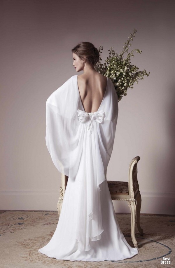 wedding dress, bow, backless and designer