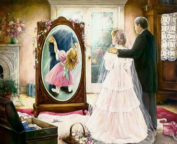 daughter and father, art, bride and time