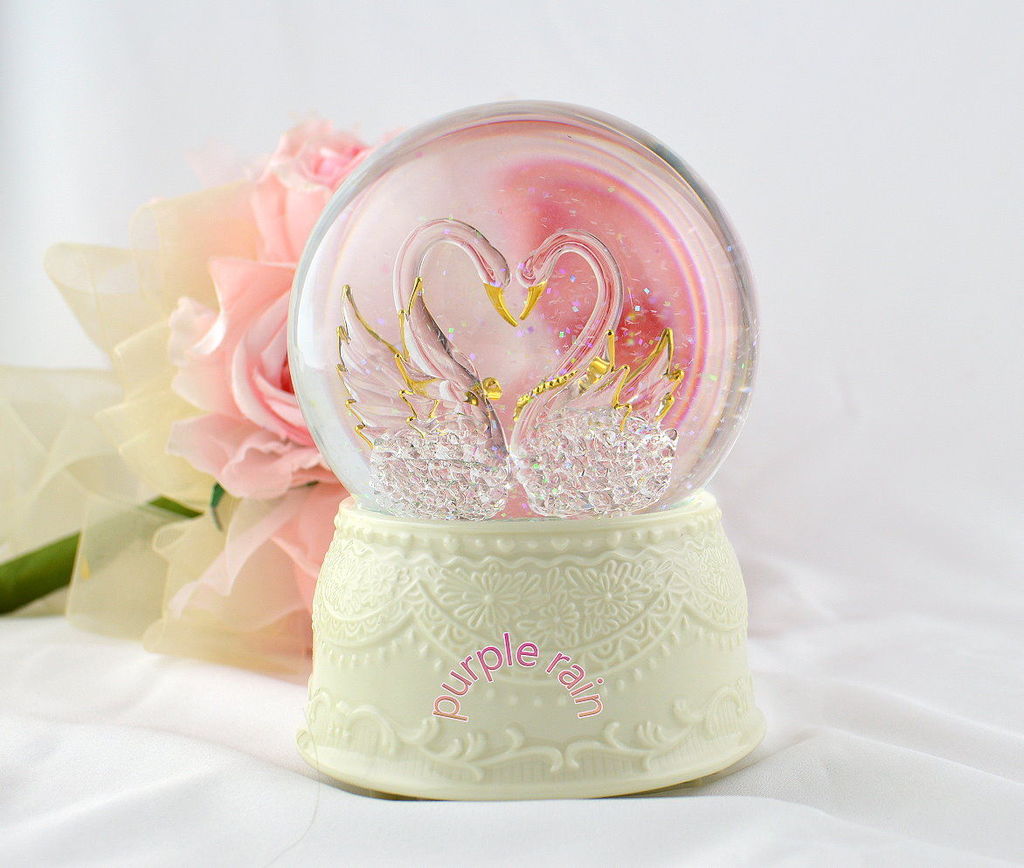 Swan, rain, snow globe and music box