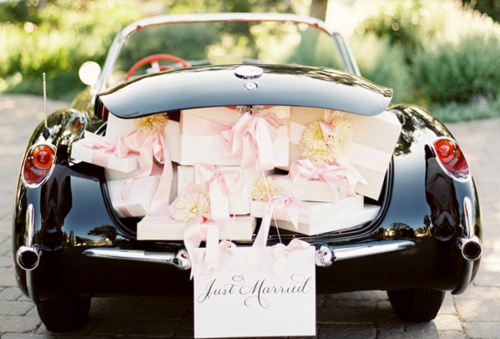 happy, wedding car and just married
