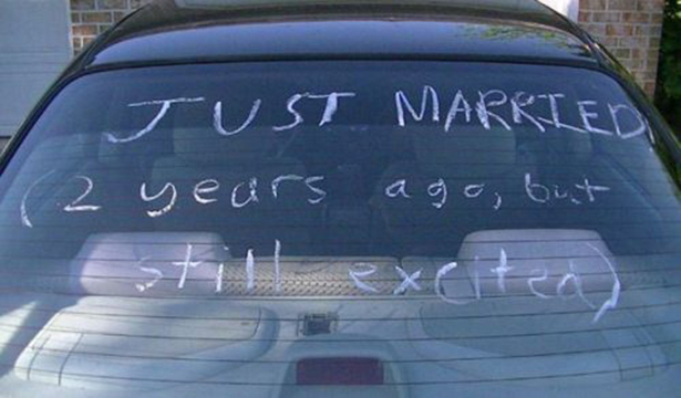 excited, car and just married