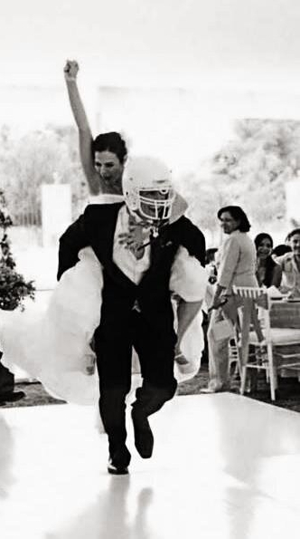 bride, guy and american football