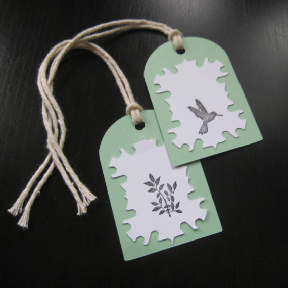 leaves stamp, bird stamp, party favors and gift tags