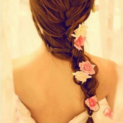 Relationship, brunette, roses and wedding dress