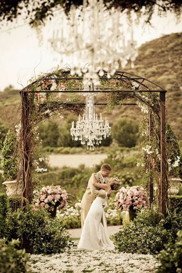 pretty, bride, flowers and chandelier