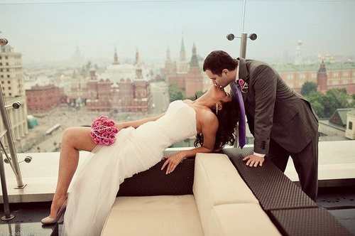 couple, wedding dress and kiss