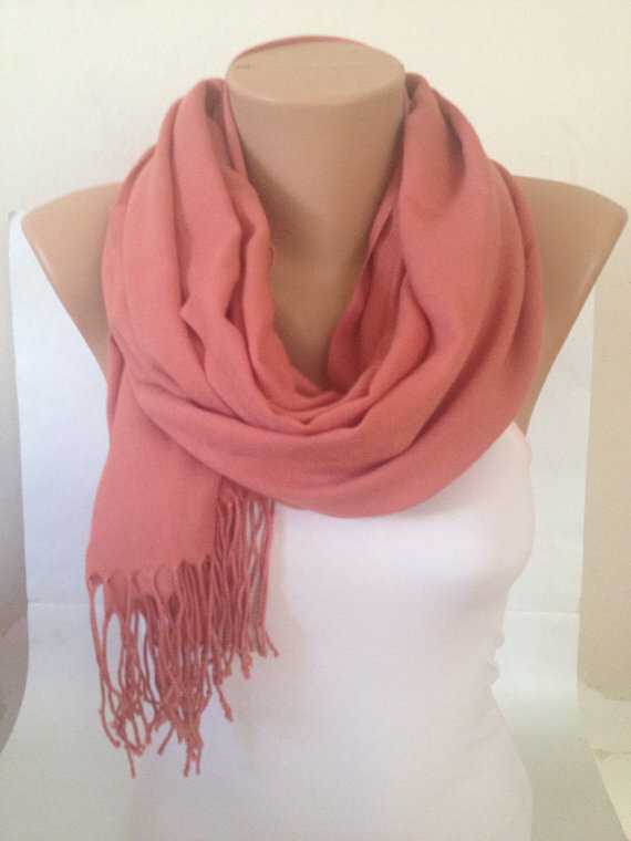 pashmina shawl, bridesmaid scarf, peach pashmina scarf and coral pink scarf