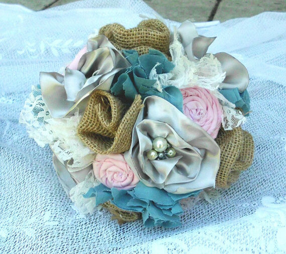bridal, country, burlap and fabric flower bouquet