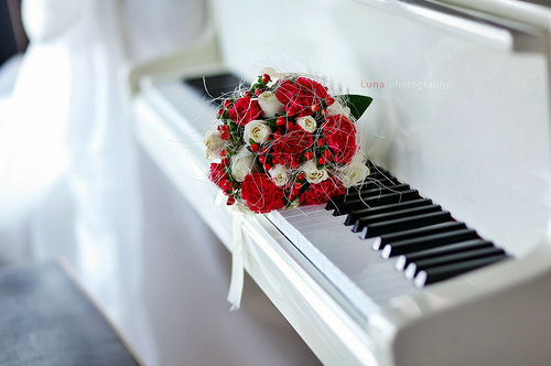 piano, white and bouquet
