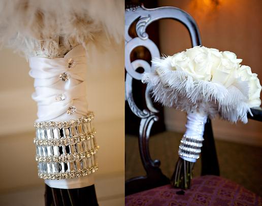 great gatsby, feathers and bridal bouquet