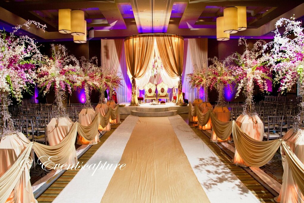 flower arrangements, runner, fabric swags and wedding decor