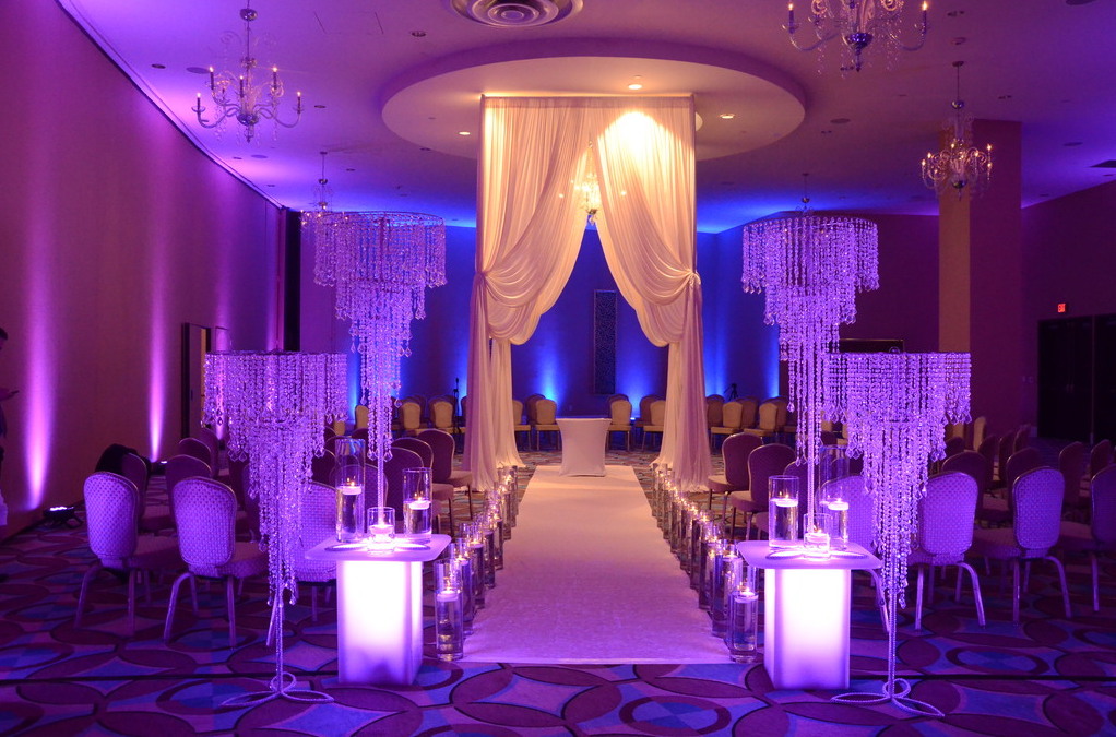 wedding decor, chuppa, crystal chandeliers and candlelight