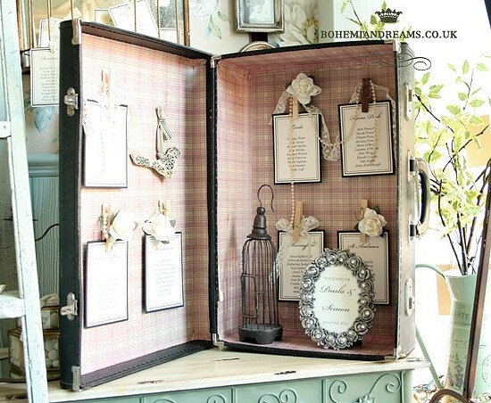table plan, suitcase, vintage and wedding hire