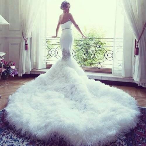 gorgeous, fluffy, wedding dress and long trail