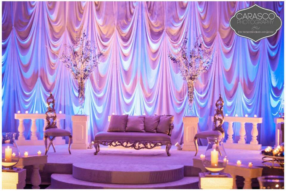wedding design, ivory fabric, reception stage and lighting
