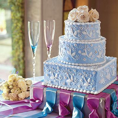 champagne glasses and wedding cake