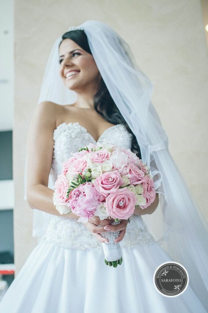 wedding bouquet, allure dress and bride