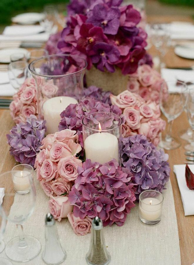 pink, violets, candles and table