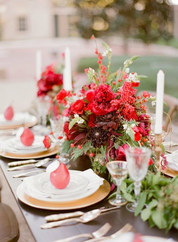 red, bouquet, bridal and design