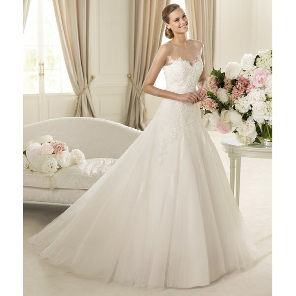 a line, wedding gown, lace appliques and shoulder sleeves